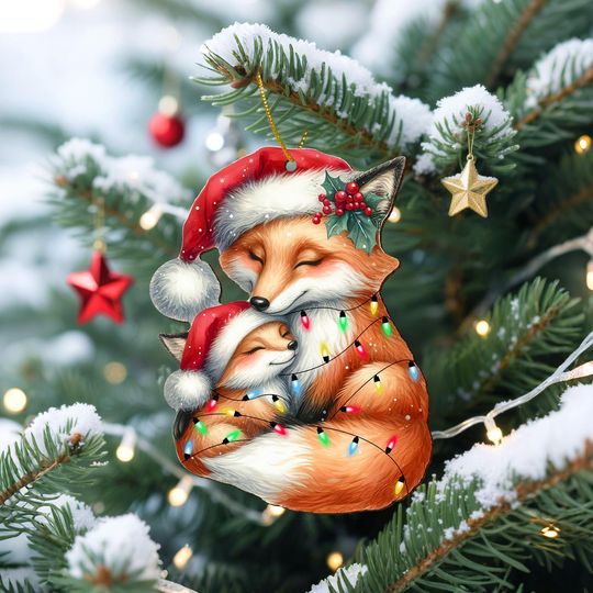 Christmas Fox Wooden Ornament, Mom and Baby Fox Christmas Ornament, Cozy Animal Christmas Tree Decor, Holiday Gift