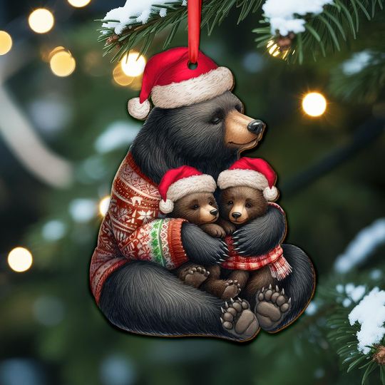 Christmas Bear Wooden Ornament, Cute Mama Bear with Cubs in Santa Hats, Cozy Woodland Animal Xmas Decor, Family Holiday Tree Ornament Gift
