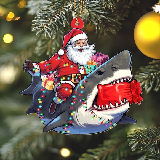Discover Santa Riding Shark Wooden Ornament, Funny Christmas Shark Tree Decor, Santa with Gifts Xmas Ornament, Ocean Lover Holiday Decoration