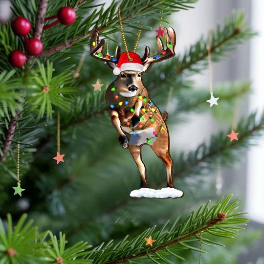 Christmas Deer Wooden Ornament, Reindeer with Santa Hat and Lights Xmas Decor, Woodland Animal Ornament, Holiday Tree Decoration