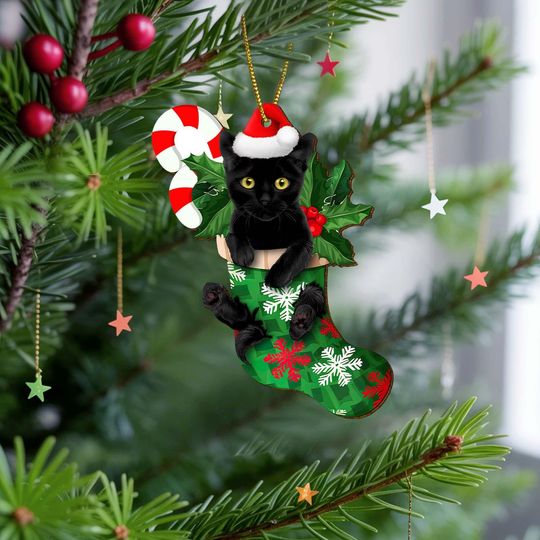 Black Cat in Christmas Stocking Wooden Ornament, Cute Kitty Santa Hat Xmas Decor, Funny Cat Lover Tree Ornament, Holiday Pet Decoration
