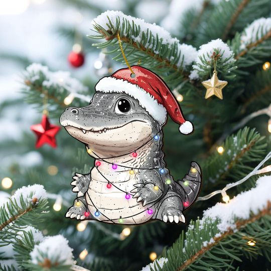 Christmas Alligator Wooden Ornament, Cute Crocodile in Santa Hat Xmas Decor, Funny Reptile Ornament with Holiday Lights, Animal Lover