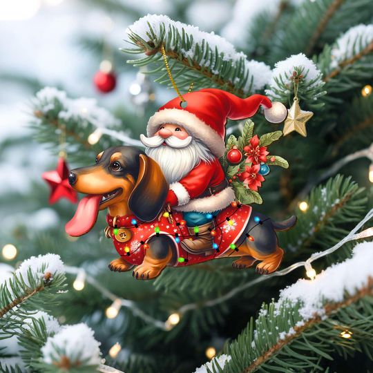 Santa Riding Dachshund Wooden Ornament, Cute Dog Christmas Tree Decor, Funny Wiener Dog in Lights Xmas Ornament, Pet Lover