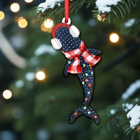 Christmas Whale Shark Wooden Ornament, Cute Ocean Fish with Scarf and Lights Xmas Decor, Marine Animal Ornament, Sea Lover Holiday Tree