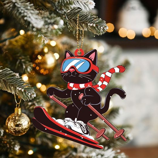 Skiing Black Cat Wooden Ornament, Funny Winter Sports Kitty Xmas Decor, Cute Cat Lover Christmas Tree Ornament, Holiday Pet Decoration