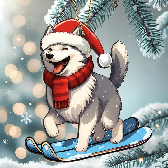 Skiing Husky Wooden Ornament, Cute Snow Dog in Santa Hat Xmas Decor, Funny Winter Sports Pet Ornament, Christmas Tree Decoration
