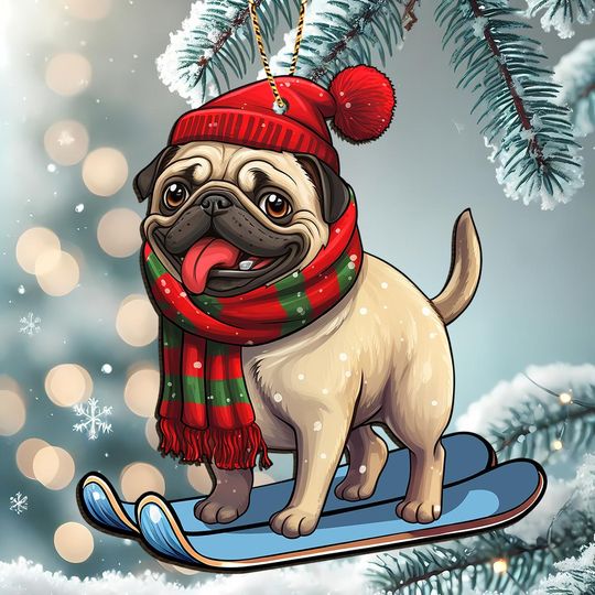 Skiing Pug Wooden Ornament, Funny Dog in Winter Hat and Scarf Xmas Decor, Cute Puppy Christmas Tree Ornament, Holiday Pet Lover Decor