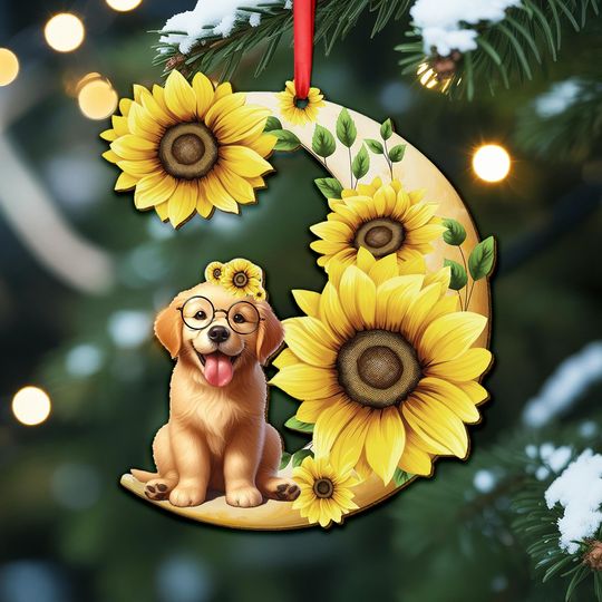 Sunflower Puppy Wooden Ornament, Cute Dog with Floral Moon Decor, Golden Retriever Sunflower Ornament, Pet Lover Gift,