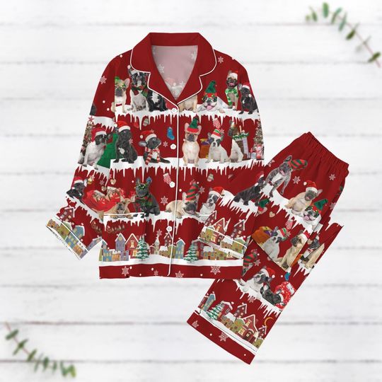 Christmas French Bulldog Dog Pajamas Set, Bulldog Lover Holiday Pajamas, Franse Bulldog Pajamas, Dog Mom Xmas Pajamas, Pet Lover Gift