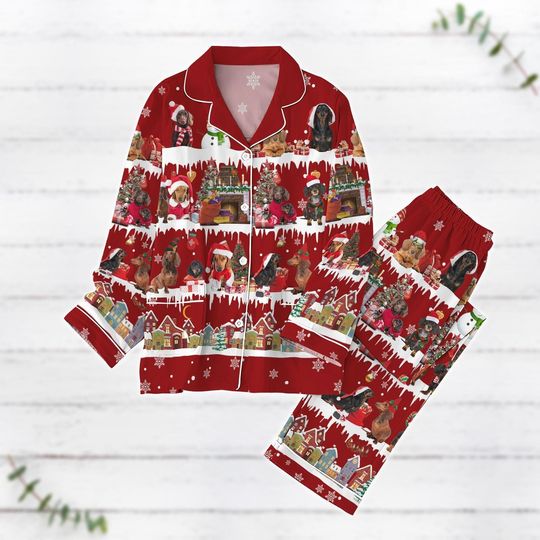 Christmas Dachshund Dog Pajamas Set, Dog Lover Holiday Pajamas, Cute Wiener Pajamas For Women, Dog Mom Xmas Pajamas, Pet Lover Gifts