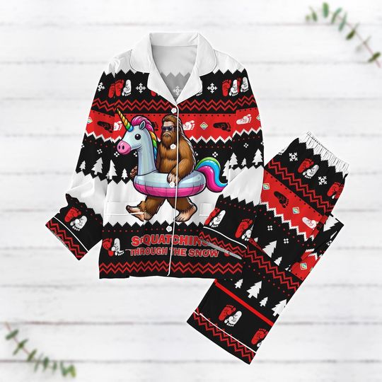 Bigfoot Christmas Pajamas Set, Bigfoot Camping Xmas Pajamas, Holiday Festive Sasquatch Pajamas, Funny Bigfoot Unicorn Swimming Shirt