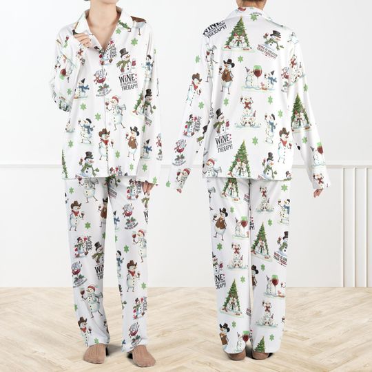 Winey Snowman Christmas Pajamas Set For Women And Kids, Funny Wine Lover PJs, Cozy Holiday Sleepwear Gift, Wine Therapy Christmas Pajamas