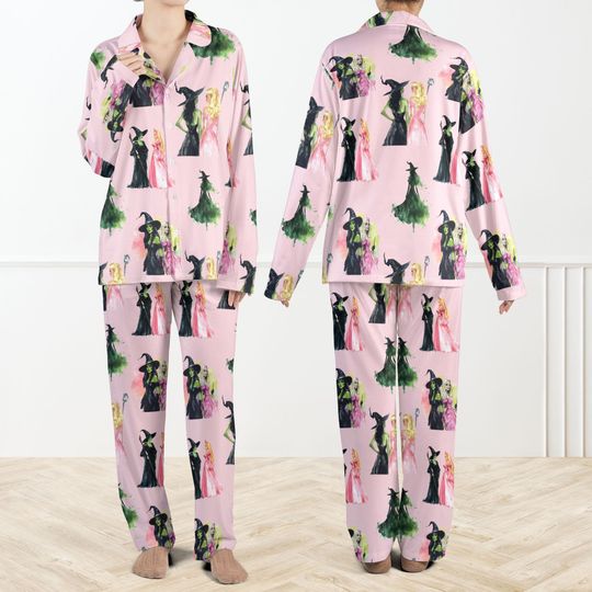 Discover Pink Wicked Print Satin Pajama Set For Women, Enchanted Princess Witch Pajamas, Dark Fairy Tale Sleepwear, Magical Fantasy PJs