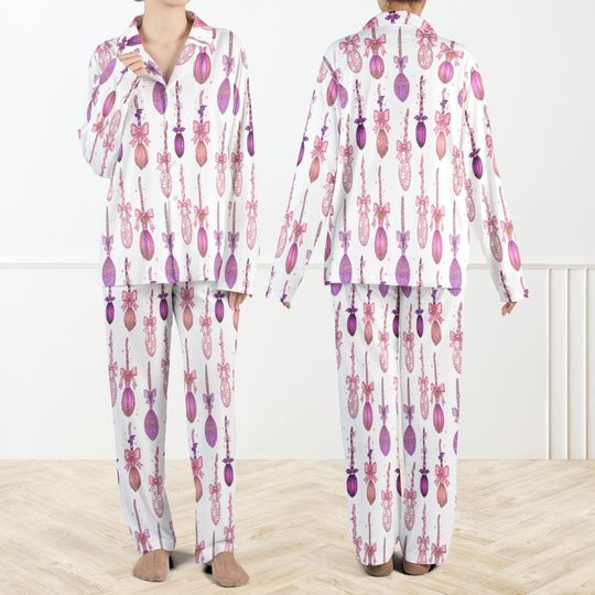 Halloween Coquette Witch Brooms Pajama Set For Women, Pink Purple Spooky Sleepwear, Womens Halloween Loungewear Set
