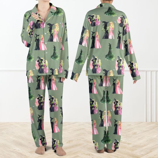 Green Wicked Print Pajama Set For Women, Enchanted Princess Witch Pajamas, Dark Fairy Tale Sleepwear, Magical Fantasy PJs