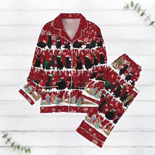 Black Cat Christmas Pajamas Set, Cute Cat Holiday Pajamas, Santa Cat Lights Pajamas, Pet Owner Xmas Pajamas Gift For Women Men Kid