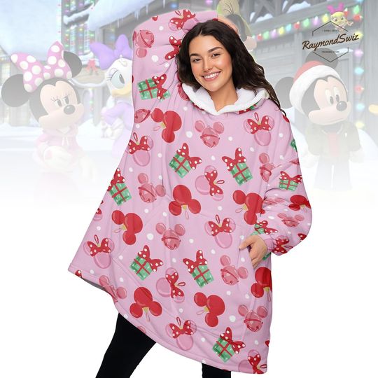 Discover Pink Christmas Hoodie Blanket, Cute Bow and Gift Print Wearable Blanket for Kids, Cozy Oversized Winter Hoodie, Holiday Gift