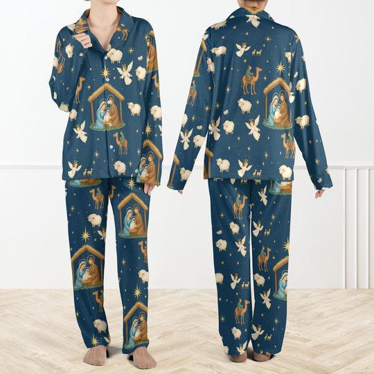 Discover Coquette Jesus Christmas Satin Pajamas Set For Women And Kids, Religious Christmas Pjs, Nativity Scene Sleepwear Set, Holy Family Nightwear