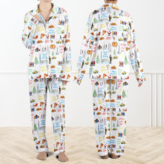 Discover Christmas Holidays In New York Pajama Set For Women And Kids, Silky Christmas PJs Set, NYC Winter Sleepwear, Times Square Gift, Festive Gift