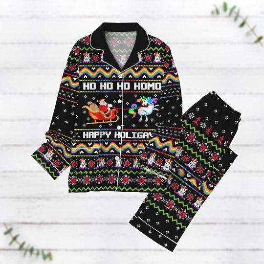 Ho Ho Ho Happy Holigays Pajamas Set, Santa Claus Christmas Pajamas, LGBT Unicorn Pajamas, Funny Holiday Pajamas, Xmas Party Gifts