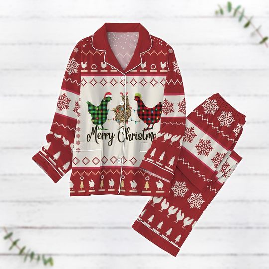 Chicken Merry Christmas Pajamas, Chicken Santa Hat Xmas Pajamas, Chickmas Holiday Shirt, Farm Rooster Pajamas Family, Animal Lover Gift