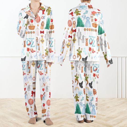 Wizard Of OZ We're Off Yellow Brick Road Silky Pajama Set For Women, Dorothy Ruby Slippers Sleepwear, Classic Movie PJs for Women