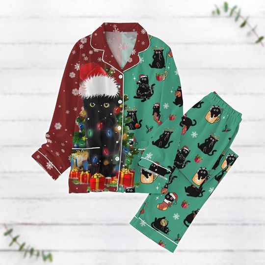 Discover Black Cat Christmas Pajamas, Funny Cat Santa Lights Xmas Pajamas Set, Cat Lover Holiday Pajamas, Matching Pajamas Family, Pjs Christmas