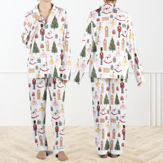 Christmas Nutcracker Pattern Pajama Set For Women, Holiday Ballet Sleepwear, Matching Family Xmas PJs