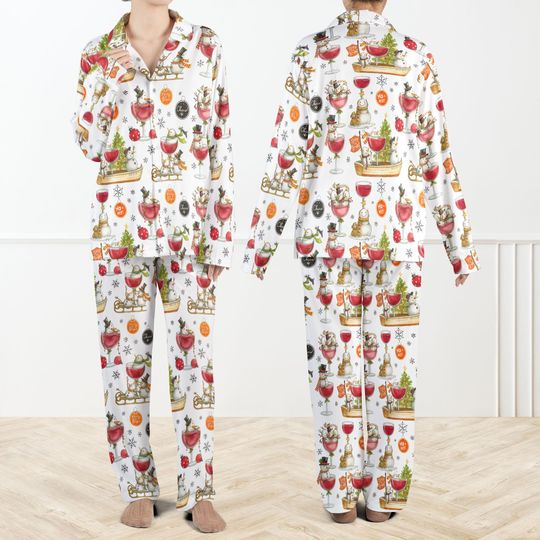 Winey Snowman Casual Pajama Set For Women, Christmas Wine Pajamas, Holiday Party Sleepwear, Festive Cozy PJs for Women