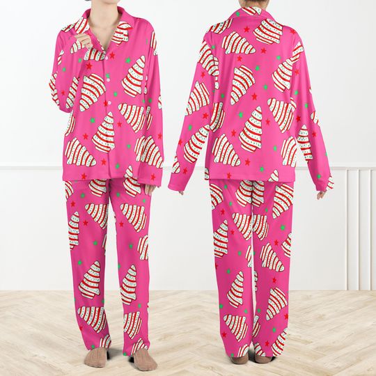 Discover Christmas Tree Cakes Silky Satin Pajama Set For Women, Pink Christmas Pajamas Set, Candy Stripe Tree Holiday Sleepwear, Fun Festive Xmas PJs