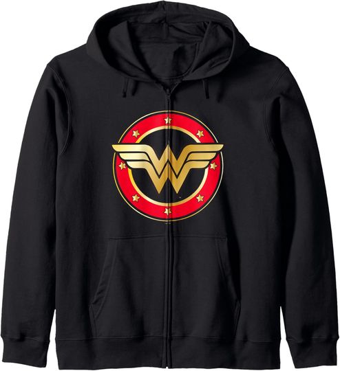 DC Comics Wonder Woman Classic Super Retro Gold Badge Zip Hoodie, Gift For Fans