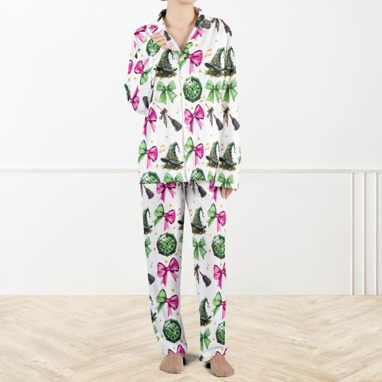 Coquette Wicked Pajama Set For Women, Wicked Coquette Bow Pajamas, Changed for Good Set, Broomstick Pants, Pink Coquette Set