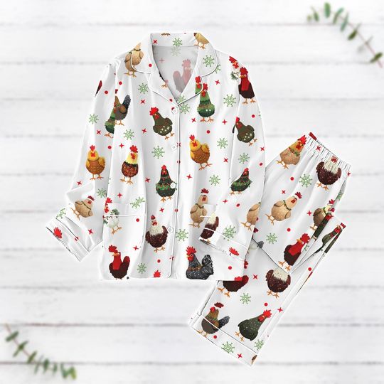 Discover Christmas Pajamas, Chicken Pajamas Set, Farm Animal Pajamas, Rooster Holiday Pajamas, Chicken Santa Hat Xmas Pajamas, Animal Lover Gift