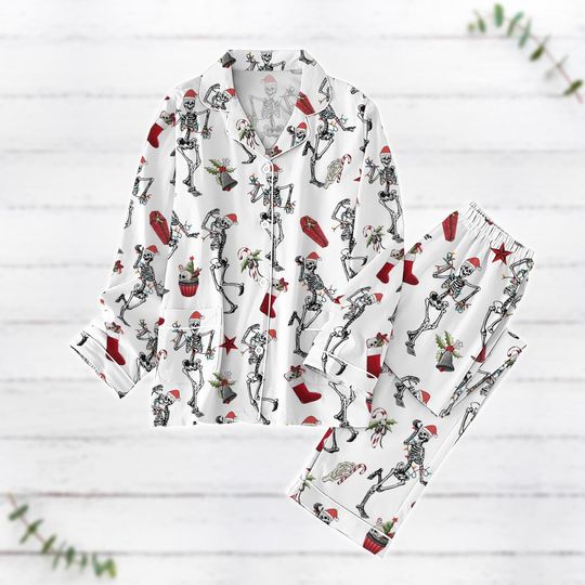 Funny Skeleton Dancing Christmas Pajamas Set, Santa Christmas Shirt, Skeleton Santa Lights Xmas Pajamas, Holiday Pajamas, Skull Pajamas