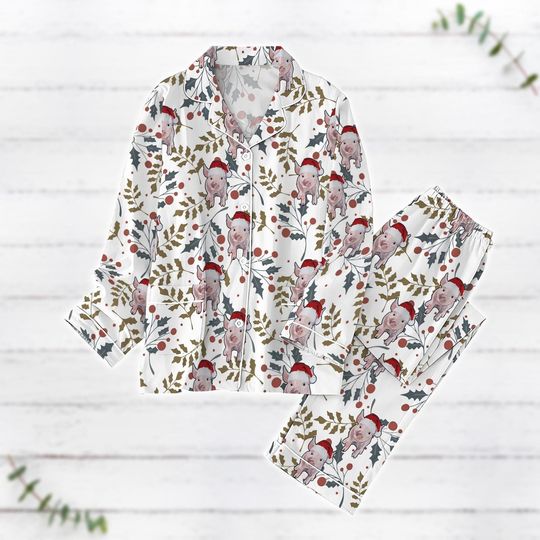 Christmas Pink Pig Pajamas Set, Cute Piggies Christmas Pajamas, Animal Holiday Pajamas, Funny Santa Claus Shirt, Farmer Xmas Gifts