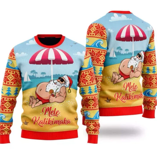 Santa Claus Mele Kalikimaka Beach Ugly Christmas Sweater