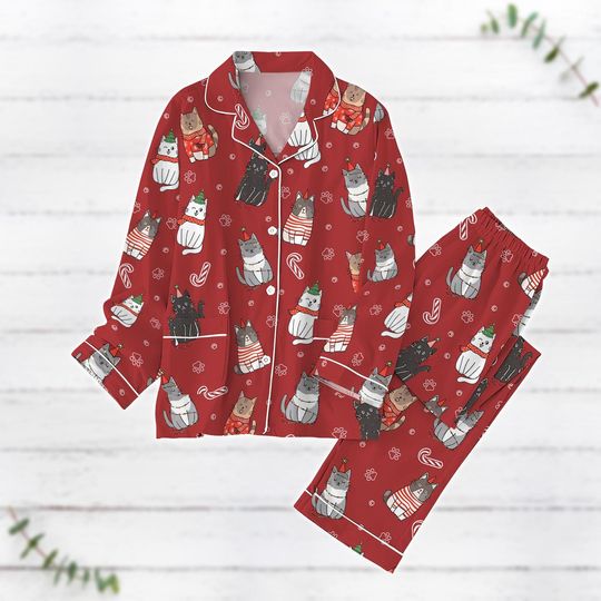 Discover Cute Cats Christmas Pajamas Set, Cat Birthday Shirt, Cat Santa Lights Xmas Pajamas, Funny Kitty Holiday Pajamas, Pet Cat Lover Gifts