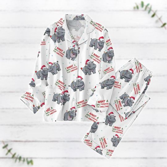 Christmas Hippo Pajamas Set, Hippopotamus Holiday Pajamas, Hippo Santa Pajamas, Xmas Party Shirt, Hippo Lover Pajamas For Women Men Kid
