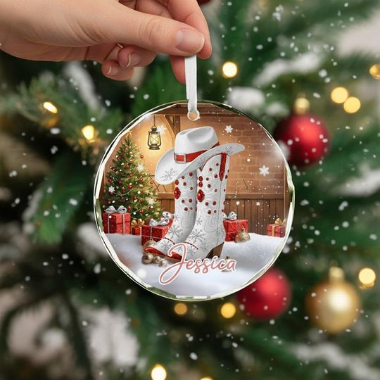 Cowgirl Christmas Glass Ornament, White Cowboy Boot Holiday Decoration, Horseback Riding Ornament for Christmas