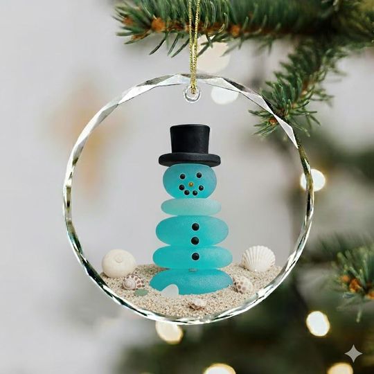 Discover Sea Glass Snowman Ornament, Ceramic Snowman, Coastal Christmas Decor, Beach Holiday Keepsake