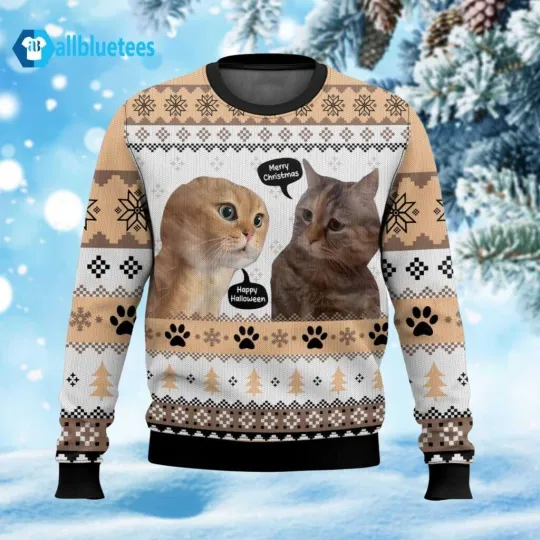 Two Cats Talking Meme Christmas Ugly Sweater