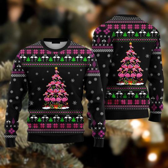 Pink Flamingo Christmas Sweater, Animal Party Ugly Sweatshirt, Fun Holiday Animal Sweatshirt