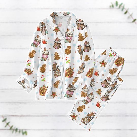 Coffee Christmas Pajamas Set, Gingerbread Holiday Pajamas, Christmas Tree Lights Shirt, Latte Xmas Matching Pajamas For Women Men Kid