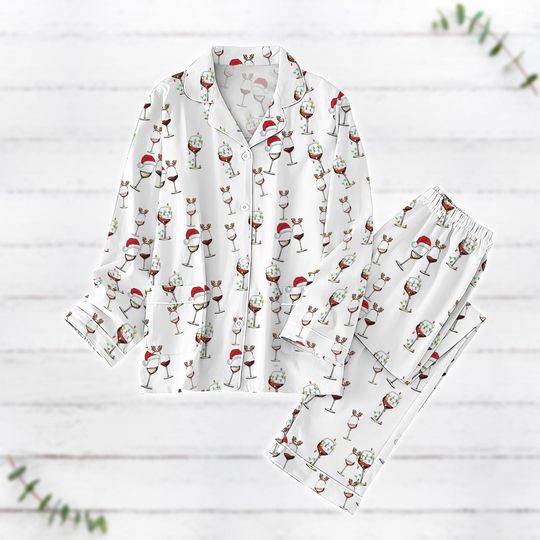 Red Wine Glass Christmas Pajamas Set, Santa Reindeer Matching Pajamas, Drinking Holiday Pajama, Christmas Lights Shirt, Xmas Party Gift