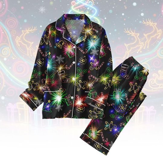 Christmas Bright Neon Lighting Pajamas Set, Gingerbread Bear Holiday Pajamas, Light Women Pajamas, Merry Christmas Sleepwear, Xmas Gift