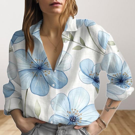 Discover Bold Blue Floral Blouse Shirt, Flower Women Blouse, Lightweight Casual Vacation Shirt, Summer Vibes, Button Down Shirt, Gift For Her