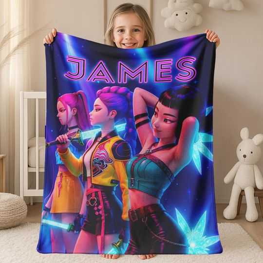 Discover Kpop Demon Hunters Custom Blanket, Kpop Fun Gift, Cozy Demon Hunters Huntrix Blanket, Anime Inspired, Cute Huntrix Inspired Blanket JCR309
