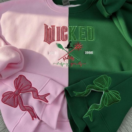 Embroidered Wicked Side Bow Giltter Sweatshirt, Wicked For Good Embroidered Shirt, Changed For Good Sweatshirt