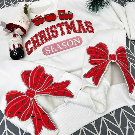 Christmas Season Embroidered Sweatshirt, Christmas Red Side Bow Shirt, Bow Sweatshirt Christmas, Christmas Crewneck Bows, Winter Gift