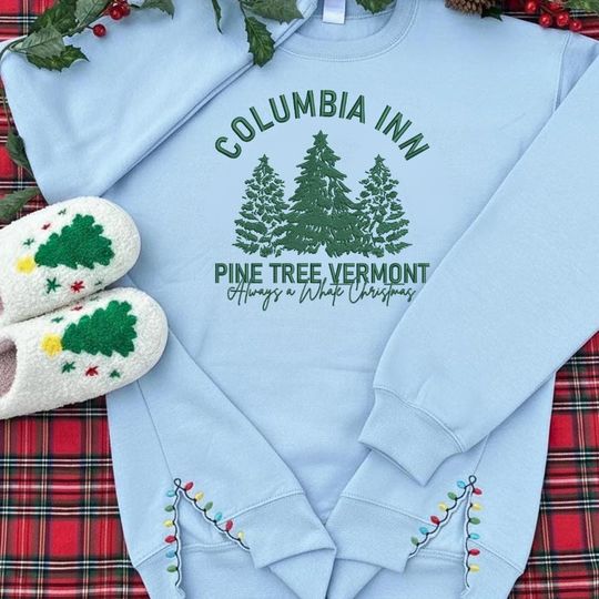 Discover Christmas Columbia Inn Pine Tree Vermont Embroidered Sweatshirt, Christmas Movie Side Bow Shirt, Bow Sweatshirt Christmas, Winter Gift